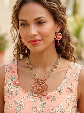 Coral Bead Flower Metal Multi Strand Necklace and Earring Set